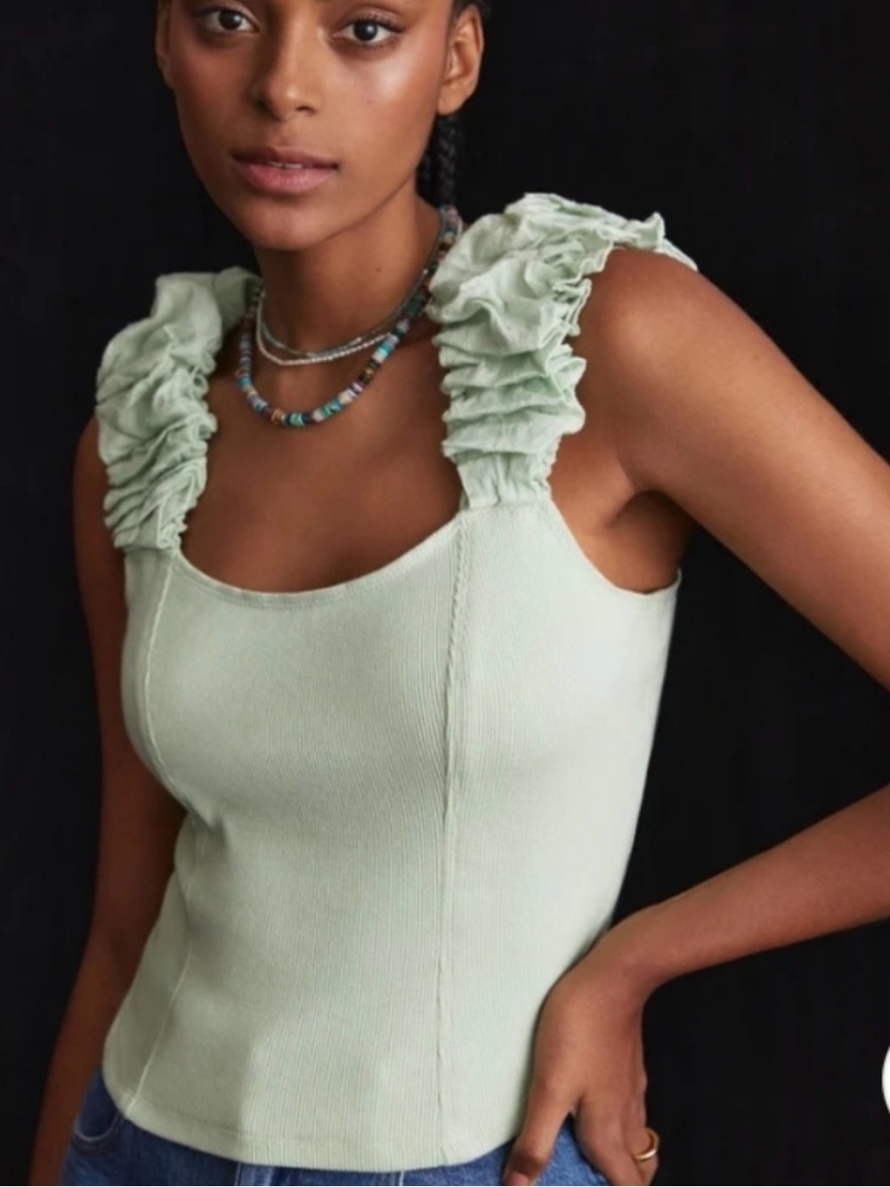 Anthropologie Sage Green Ruffled Strap Tank